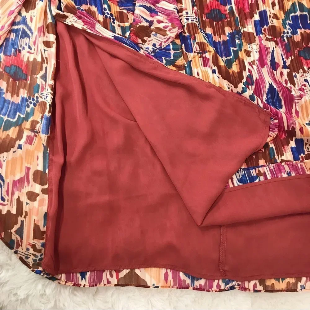 VINCE CAMUTO Tie Waist Midi Skirt Ikat Print Burgundy Orange Plus Size 1X 3X New
